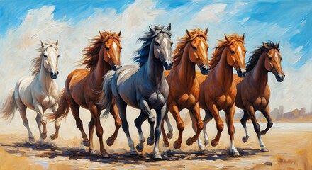 Running Horses acrylic painting illustration design image, Download Indian paintings. their manes and tails flowing in the wind, set against a blue and brown backdrop illustration.