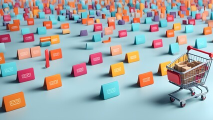 Obraz premium A shopping cart with boxes stands in front of a field of colorful tags, symbolizing online shopping and consumer choice.