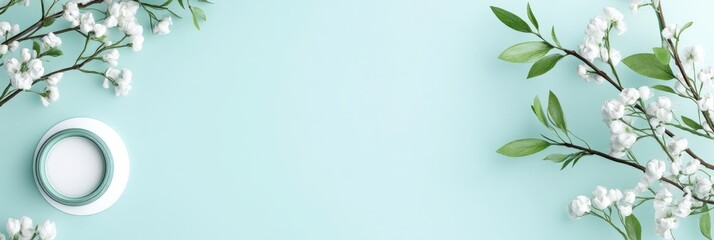 Naklejka premium A serene arrangement featuring a small dish and blooming branches on a soft blue background.