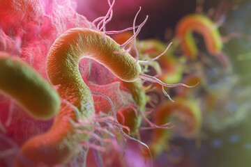 3D Illustration of Helicobacter pylori Bacteria in Stomach Tissue