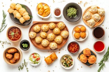 Assortment of Chinese dim sum and dipping sauces.