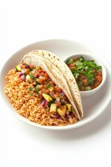 Tortilla, rice, salsa, and vegetables.