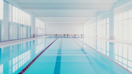 A pristine swimming pool with clear blue water and lanes marked, bright and airy indoor setting, Minimalist style