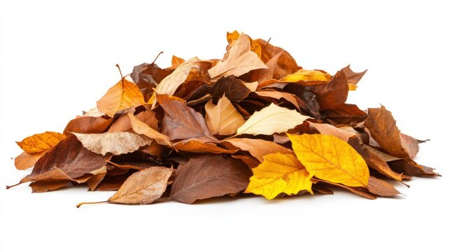 A thick pile of mostly brown autumn leaves, with a few vibrant yellow leaves on top, isolated on white background