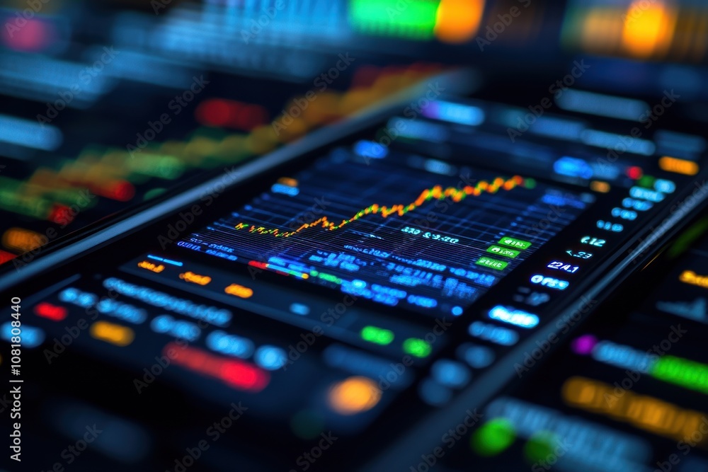 Poster a close-up shot of a smartphone displaying a stock market chart with a blurred background of other c