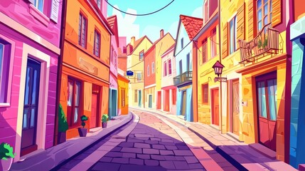 Fototapeta premium Colorful European Street with Cobblestone Roadway and Vibrant Buildings
