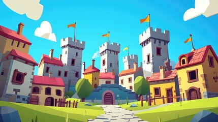 A Quaint Medieval Village with Stone Towers and Lush Greenery