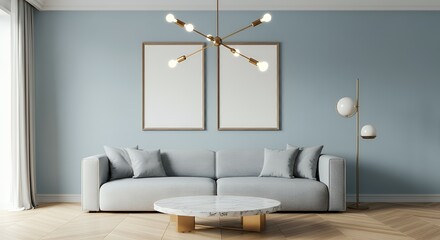 A Scandinavian-inspired living room with a sofa set and blank vertical frames with frames are placed on the light blue wall 3d illustration image.