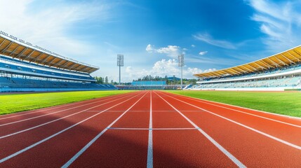 A professional outdoor track and field stadium with a bright red running track, green infield, and spectator stands