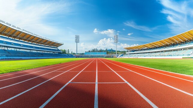 A professional outdoor track and field stadium with a bright red running track, green infield, and spectator stands