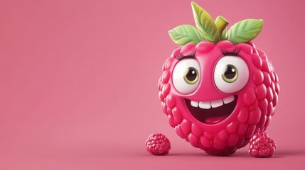 Playful raspberry mascot with big eyes and a happy grin, small leaves on top, one color background