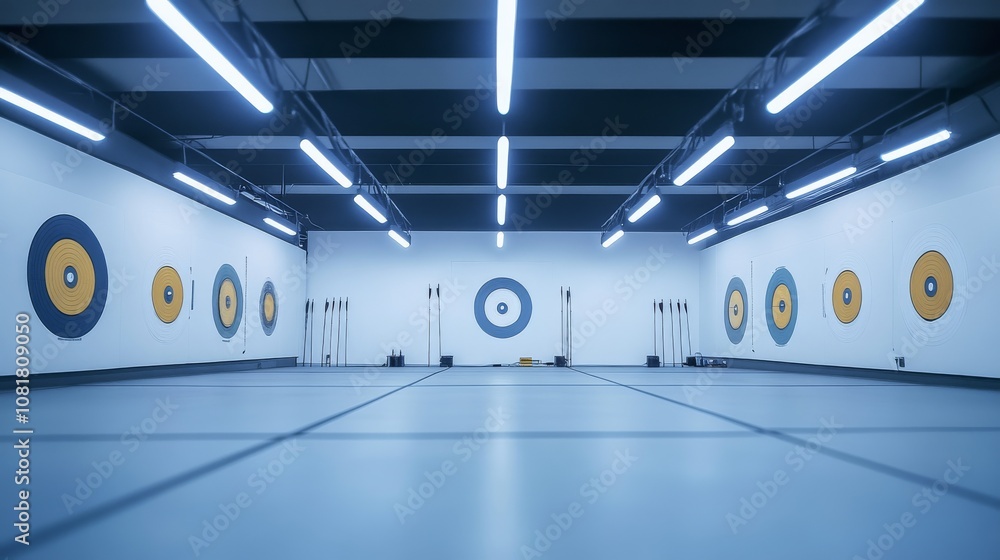 Poster a quiet indoor archery range with targets set up and equipment neatly arranged, bright overhead ligh