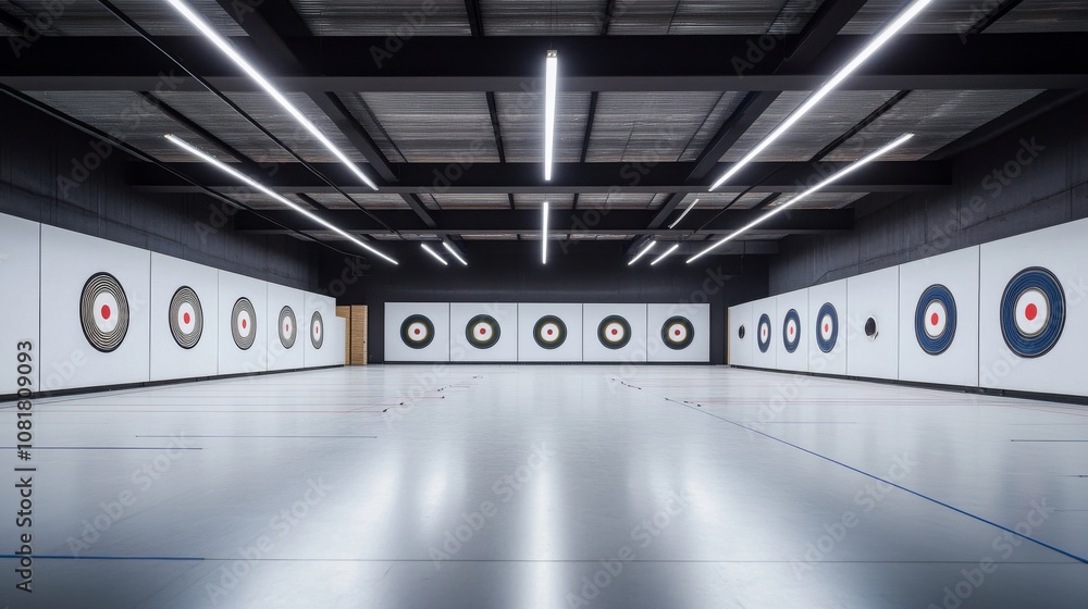 Poster A quiet indoor archery range with targets set up and equipment neatly arranged, bright overhead lighting illuminating the space, Minimalist style