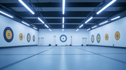 A quiet indoor archery range with targets set up and equipment neatly arranged, bright overhead lighting illuminating the space, Minimalist style