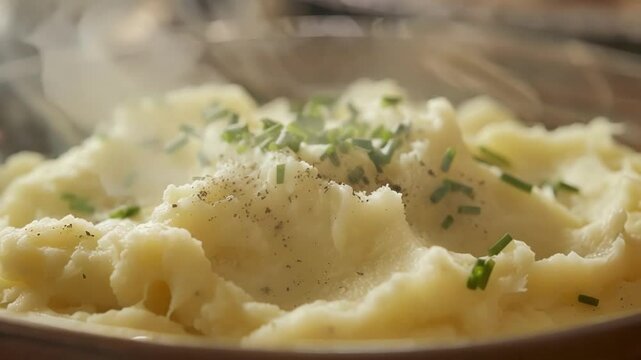 Steaming mashed potatoes in a ceramic bowl with chives and pepper, perfect for dinner or lunch