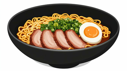 A beautifully presented bowl of ramen featuring golden noodles, tender sliced pork, a soft-boiled egg, and fresh scallions in a black bowl. Perfect depiction of traditional Japanese comfort food.