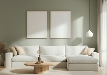 A Scandinavian-inspired living room with a sofa set and blank vertical frames with frames are placed on the wall 3d illustration image.
