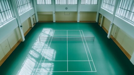 Fototapeta premium A quiet indoor badminton court with net in the center and marked flooring, bright and evenly lit space, Minimalist style