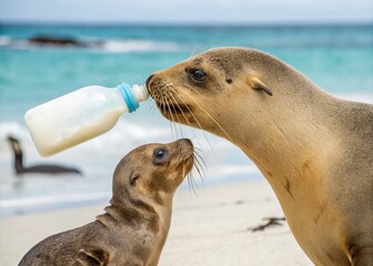 Obraz premium Baby Galapagos Sea Lion Zalophus Wollebaeki Suckling Milk from Mother in Natural Habitat, Capturing the Tender Bond Between Mammal and Offspring on the Beautiful Galapagos Islands