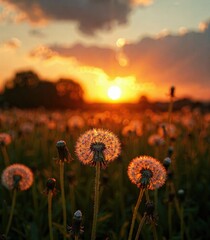 Dandelion in the field at sunset.