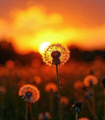 Dandelion in the field at sunset.