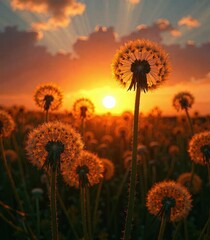 Dandelion in the field at sunset.