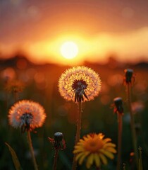 Dandelion in the field at sunset.