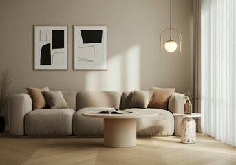 A Scandinavian-inspired living room with a sofa set and blank vertical frames with frames are placed on the off-white wall 3d illustration image.