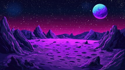 Fototapeta premium A Purple Alien Landscape with a Blue Planet in the Night Sky