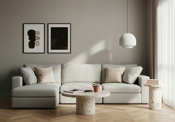 Fototapeta premium A Scandinavian-inspired living room with a sofa set and blank vertical frames with frames are placed on the wall 3d illustration image.
