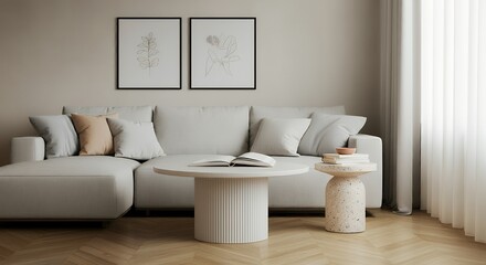 A Scandinavian-inspired living room with a sofa set and blank vertical frames with frames are placed on the wall 3d illustration image.