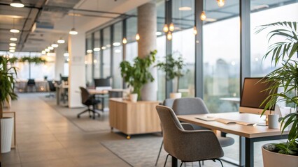 Blurry Stock Image of an Office Background with Soft Focus and Modern Decor, Ideal for Business Presentations and Corporate Use, Featuring Subtle Colors and Ambient Lighting