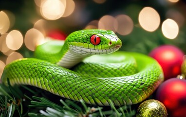 Obraz premium green snake christmas background professional stock photo 