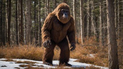 A full-body view of a tall, ape-like figure with thick brown fur standing in a snowy forest, blending mythology and nature in a realistic setting