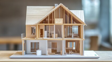 A house construction model with a cutaway view showing the internal structure and layout, representing the technical aspects of home building