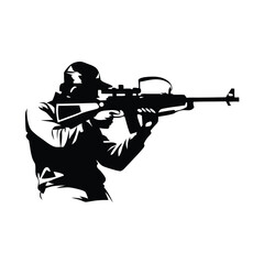 A man in a military uniform is holding a rifle. He is wearing a backpack and has a rifle in his hand