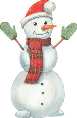 watercolor hand drawn illustration snowman in a hat, scarf and mittens.