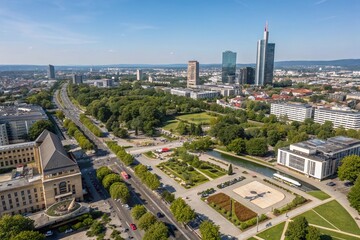 Breathtaking Aerial View of Offenbach City Landscape Showcasing Urban Development, Green Spaces, and Architectural Diversity Under a Clear Sky