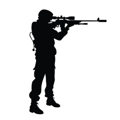A man in a military uniform is holding a rifle. He is wearing a backpack and has a rifle in his hand