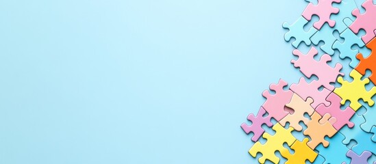 Colorful puzzle pieces on vibrant blue background with ample copy space for text