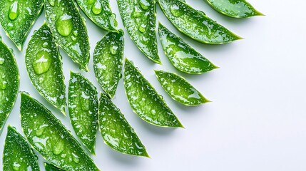 8.Sliced aloe vera leaves arranged in a fan-like pattern, with droplets of water clinging to the fresh green surface. The vibrant leaves stand out vividly against a plain white backdrop, emphasizing