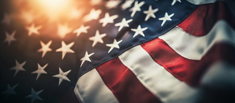 Close-up view of blurred American Flag with retro touch for Independence Day celebration concept.