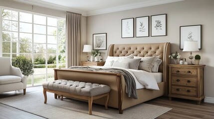 A cozy bedroom with a bed chest of drawers and a bedside bench
