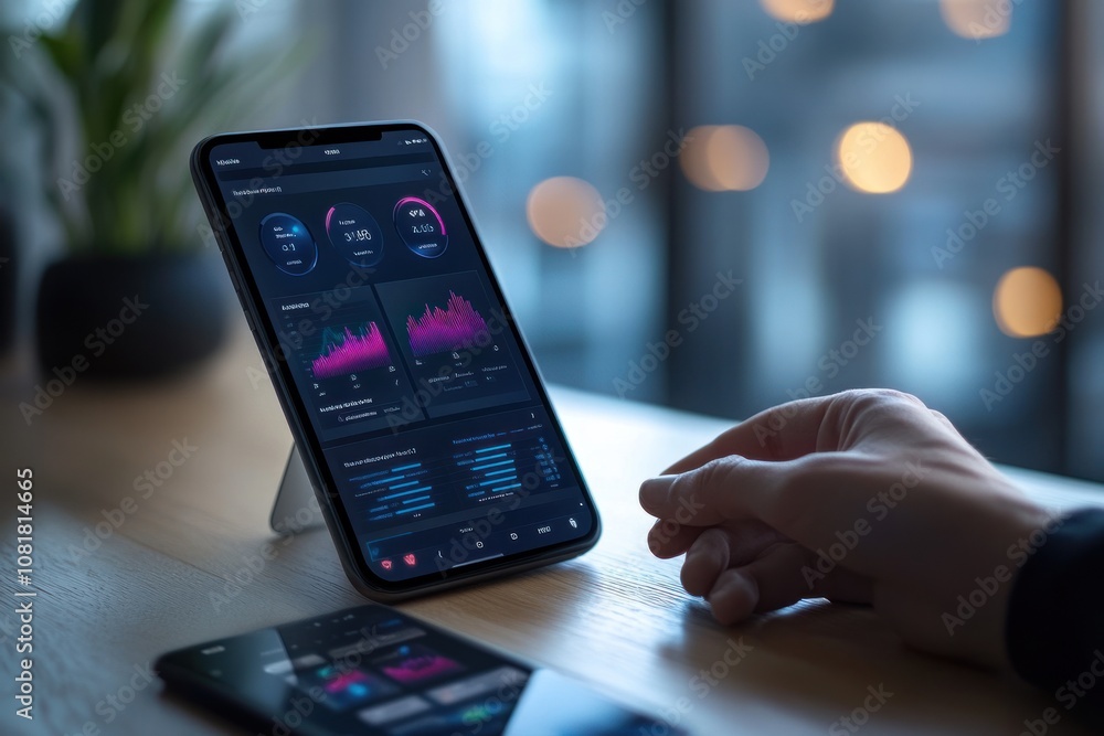 Poster a hand reaches towards a smartphone displaying charts and graphs.