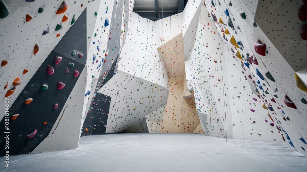 Poster a rock climbing gym with artificial walls, indoor setting with colorful holds, modern style