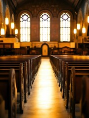 Fototapeta premium A serene interior of a church with rows of wooden pews and stained glass windows.