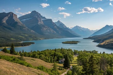 Breathtaking Panorama of Waterton Lakes National Park in Alberta, Canada Capturing Majestic Mountains, Serene Lakes, and Vibrant Wildlife Under a Clear Blue Sky