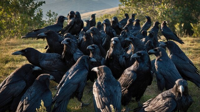 A large flock of ravens gathered closely on the ground in a grassy field, creating a dramatic and eerie scene with their glossy black feathers and sharp beaks