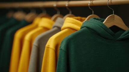 Obraz premium Hooded sweatshirts displayed on hangers in a clothing store