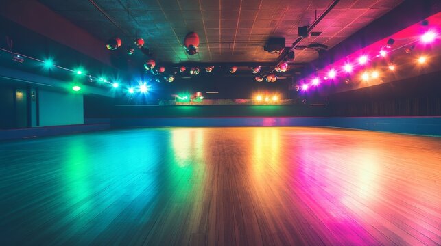 A roller skating rink with smooth wooden flooring, indoor setting with vibrant disco lights, Retro style